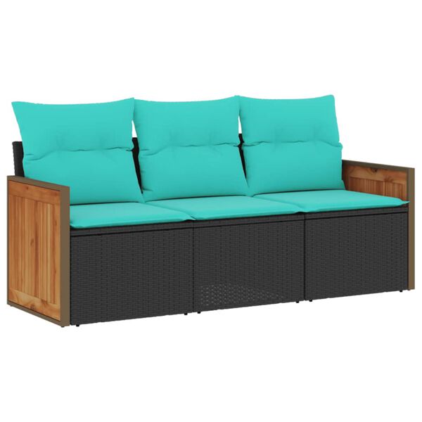 vidaXL 3-teiliges Gartensofa-Set mit Kissen, schwarzes Polyrattan