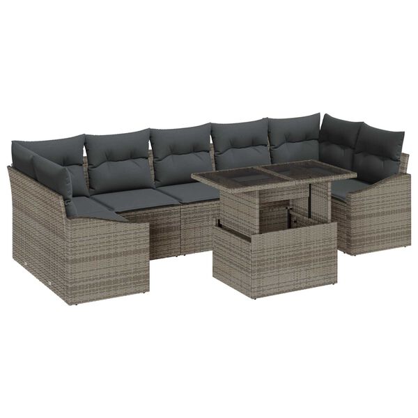 vidaXL Garten-Sofa-Set mit Kissen mit Speicher 8 pcs Grau Poly-Rattan