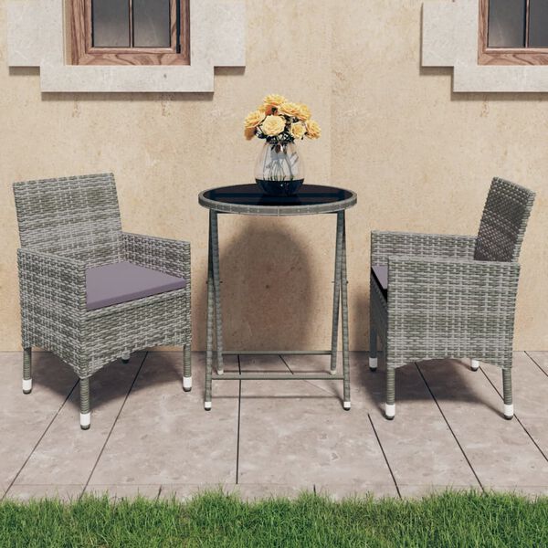 vidaXL 3-tlg. Bistro-Set Poly Rattan und Hartglas Grau
