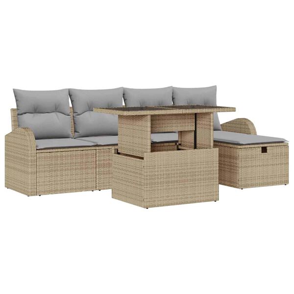 vidaXL Garten-Sofa-Set mit Kissen mit Speicher 6 pcs Beige Poly Rattan