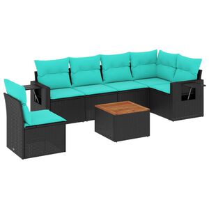 vidaXL 7-teiliges Gartensofa-Set mit Kissen, schwarzes Polyrattan