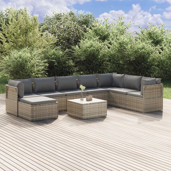 vidaXL 9-tlg. Garten-Lounge-Set mit Kissen Grau Poly Rattan