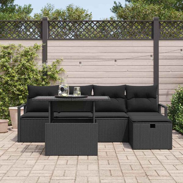 vidaXL Garten-Sofa-Set mit Kissen 6 pcs Schwarz Poly Rattan