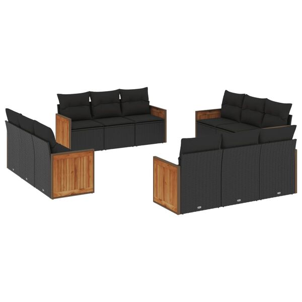 vidaXL 12-tlg. Garten-Sofagarnitur mit Kissen Schwarz Poly Rattan