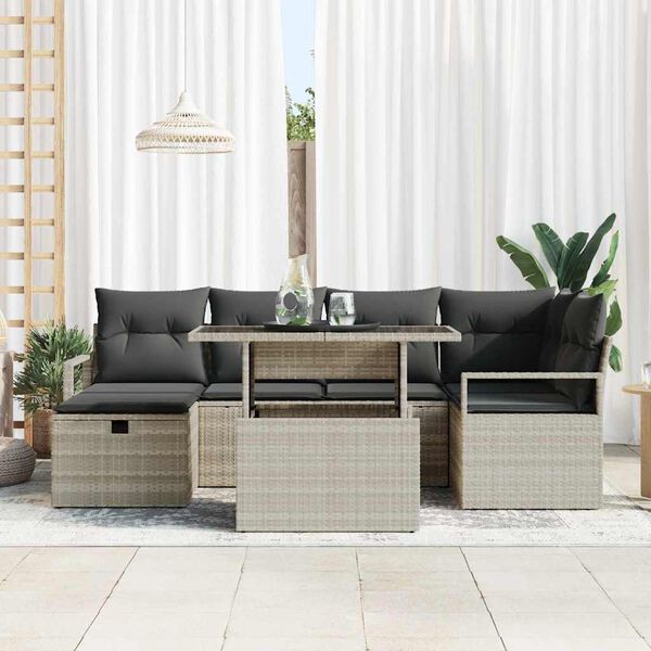 vidaXL Garten-Sofa-Set mit Kissen 7 pcs Hellgrau Poly Rattan