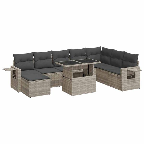 vidaXL 9-tlg. Garten-Sofagarnitur mit Kissen Hellgrau Poly Rattan