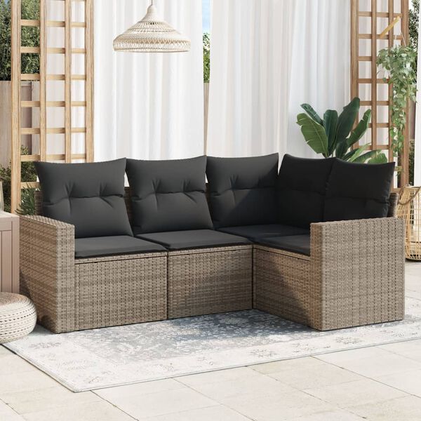vidaXL 4-tlg. Garten-Sofagarnitur mit Kissen Grau Poly Rattan