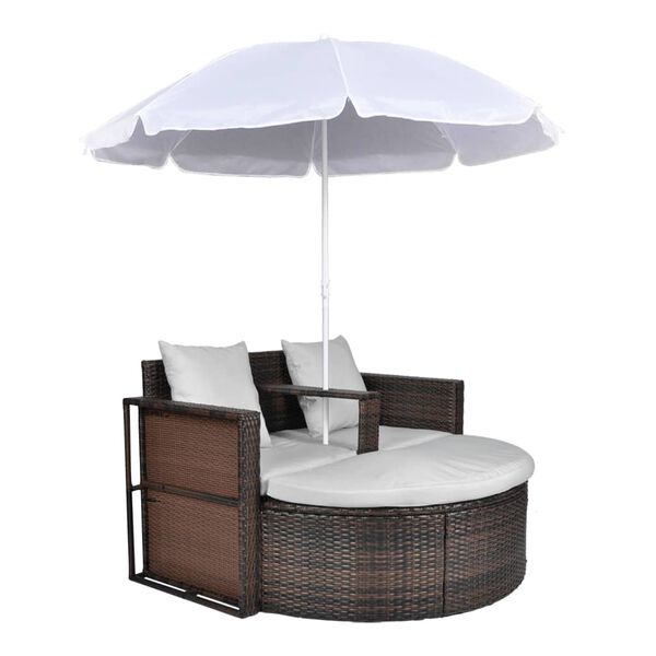 vidaXL Gartenbett mit Sonnenschirm Braun Poly Rattan