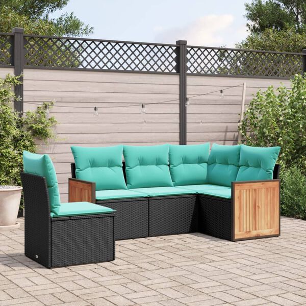 vidaXL 5-teiliges Gartensofa-Set mit Kissen, schwarzes Polyrattan