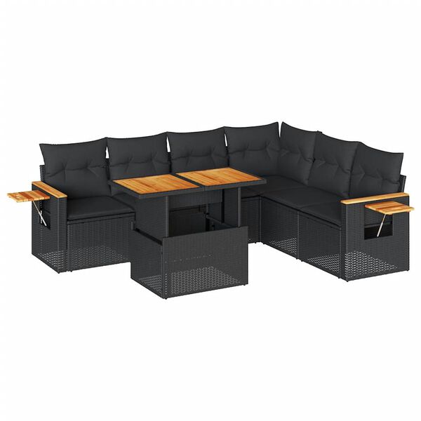 vidaXL 7-tlg. Garten-Sofagarnitur mit Kissen Schwarz Poly Rattan