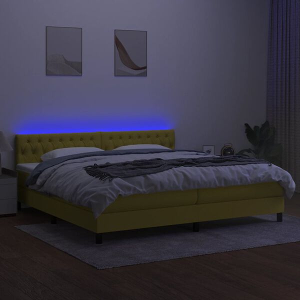 vidaXL Boxspringbett mit Matratze & LED Gr&uuml;n 200x200 cm Stoff