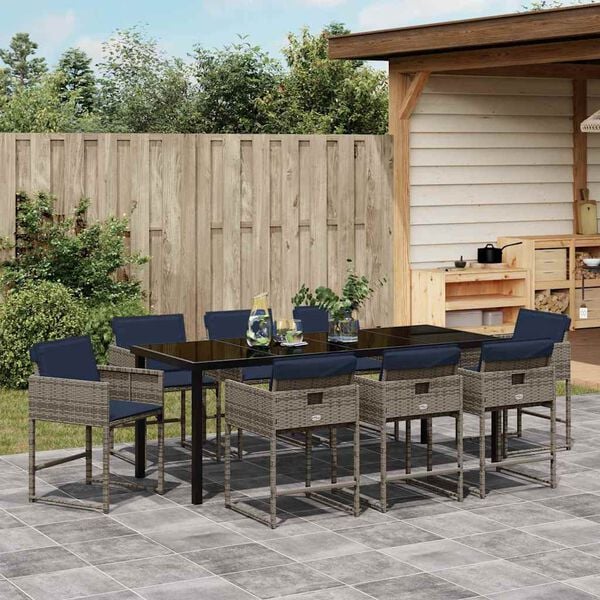 vidaXL Garten Essgruppe mit Kissen 9 pcs Grau Poly-Rattan