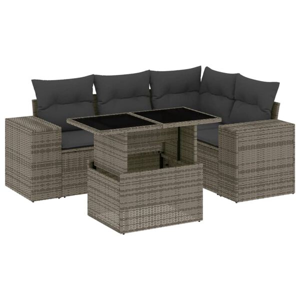 vidaXL 5-tlg. Garten-Sofagarnitur mit Kissen Grau Poly Rattan