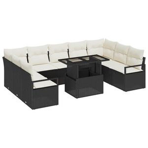 vidaXL Garten-Sofa-Set mit Kissen 10 pcs Schwarz und Creme Poly-Rattan