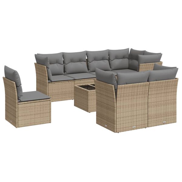 vidaXL 9-tlg. Garten-Sofagarnitur mit Kissen Beige Poly Rattan