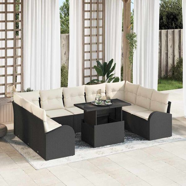 vidaXL Sofa Set mit Kissen 10 pcs Schwarz und Creme Poly-Rattan