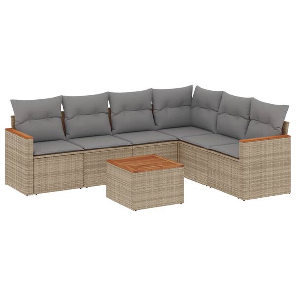 vidaXL 7-tlg. Garten-Sofagarnitur mit Kissen Beige Poly Rattan