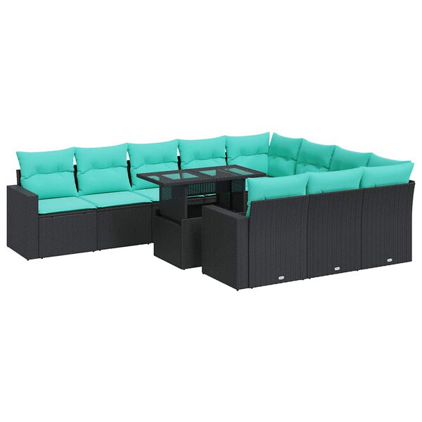 vidaXL 11-tlg. Garten-Sofagarnitur mit Kissen Schwarz Poly Rattan Akazie