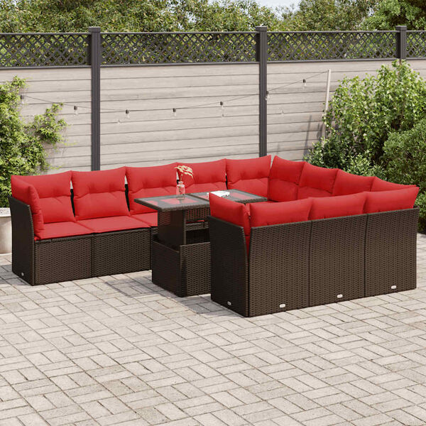 vidaXL 11-tlg. Garten-Sofagarnitur mit Kissen Braun Poly Rattan Akazie