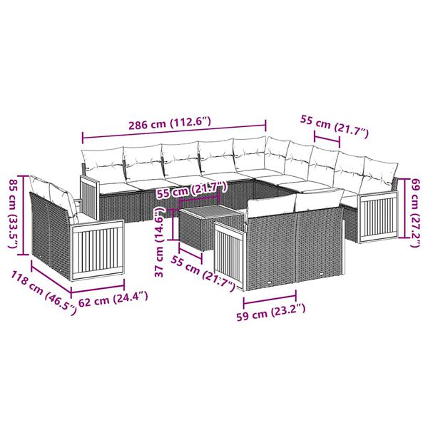 vidaXL 14-tlg. Garten-Sofagarnitur mit Kissen Schwarz Poly Rattan