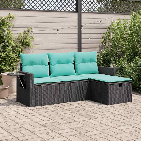 vidaXL 4-tlg. Garten-Sofagarnitur mit Kissen Schwarz Poly Rattan