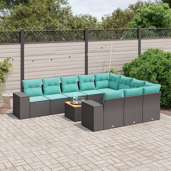 vidaXL 11-teiliges Gartensofa-Set mit Kissen, schwarzes Polyrattan