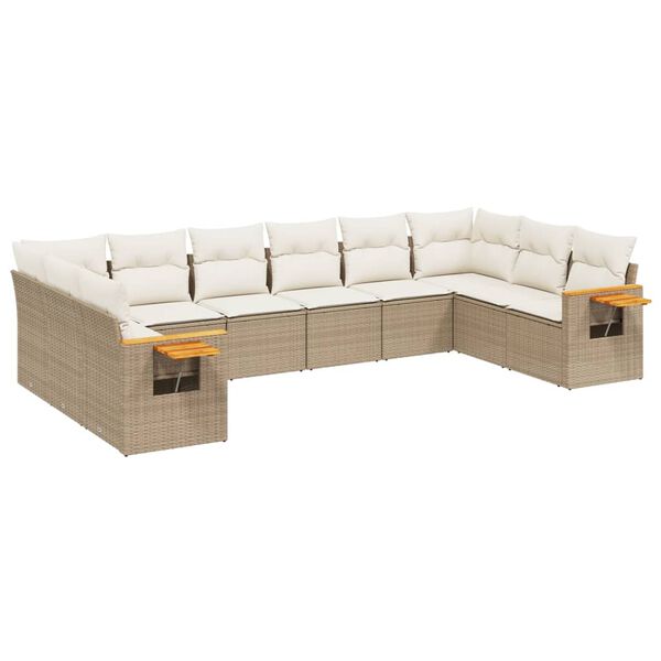 vidaXL 10-tlg. Garten-Sofagarnitur mit Kissen Beige Poly Rattan
