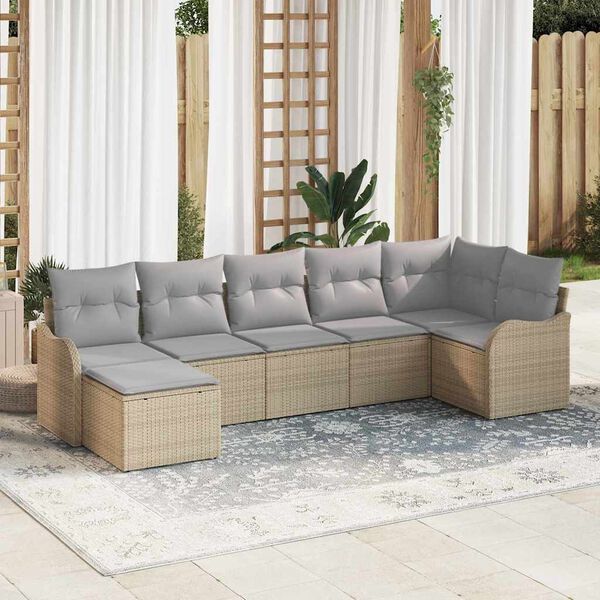 vidaXL Garten-Sofa-Set mit Kissen 7 pcs Beige und Hellgrau Poly Rattan