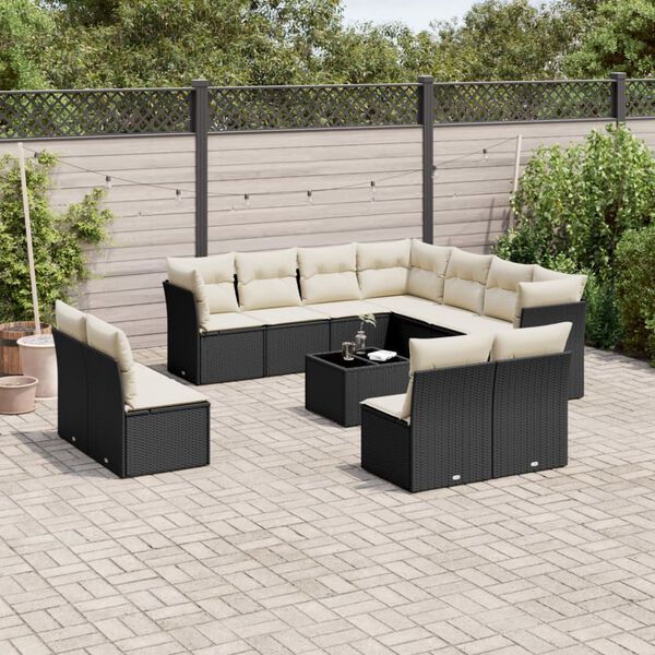 vidaXL 12-tlg. Garten-Sofagarnitur mit Kissen Schwarz Poly Rattan