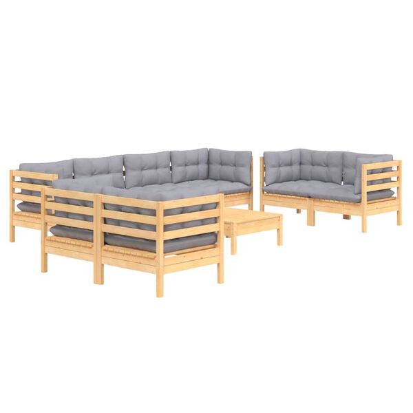 vidaXL 9-tlg. Garten-Lounge-Set mit Grauen Kissen Kiefer Massivholz