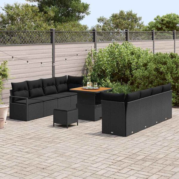 vidaXL Garten-Sofa-Set mit Kissen 11 pcs Schwarz Poly Rattan