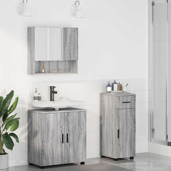 vidaXL Badezimmermöbel Set mit Tür 3 pcs Grau Sonoma Holzwerkstoff