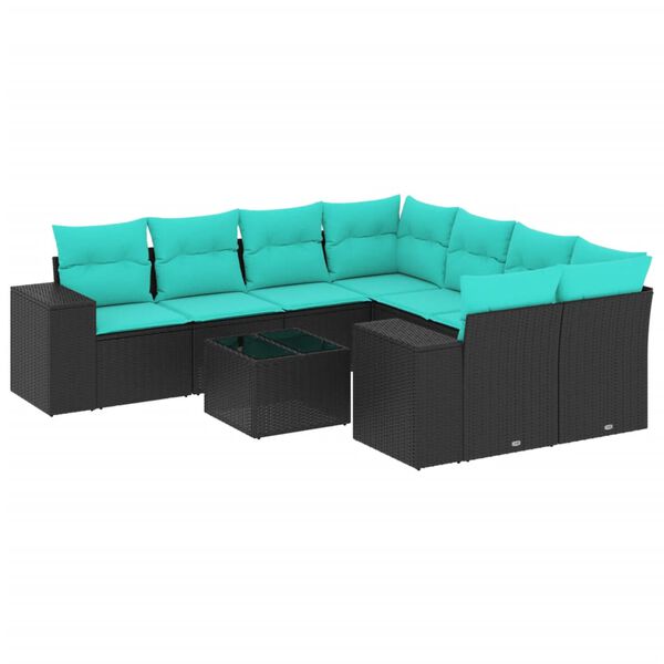 vidaXL 9-teiliges Gartensofa-Set mit Kissen, schwarzes Polyrattan