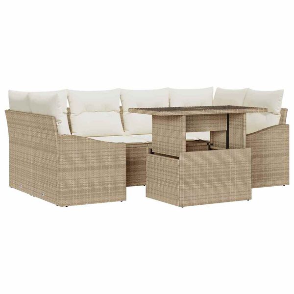 vidaXL Garten-Sofa-Set mit Kissen 7 pcs Beige und Creme Poly-Rattan