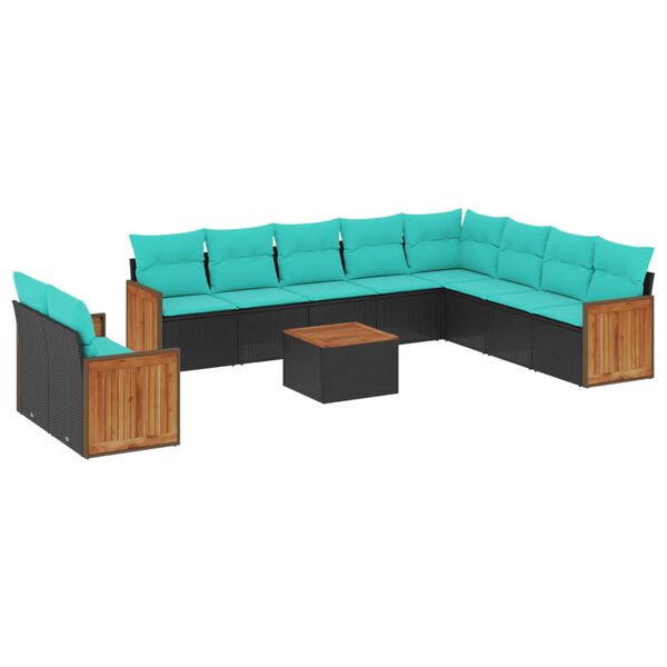 vidaXL 11-teiliges Gartensofa-Set mit Kissen, schwarzes Polyrattan