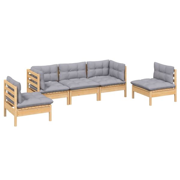 vidaXL 5-tlg. Garten-Lounge-Set mit Grauen Kissen Kiefer Massivholz