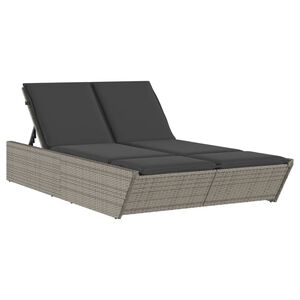 vidaXL Doppel-Sonnenliege mit Kissen Grau Poly Rattan