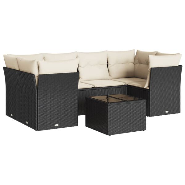 vidaXL 7-tlg. Garten-Sofagarnitur mit Kissen Schwarz Poly Rattan