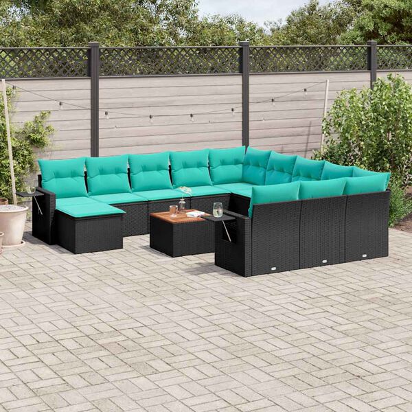 vidaXL 13-teiliges Gartensofa-Set mit Kissen, schwarzes Polyrattan