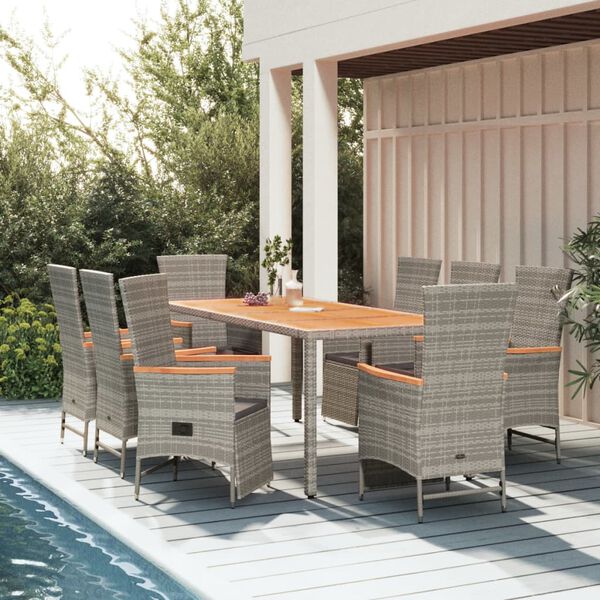 vidaXL 9-tlg. Garten-Essgruppe mit Kissen Grau Poly Rattan
