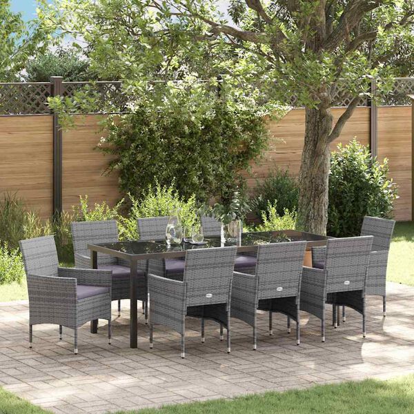 vidaXL Garten Essgruppe mit Kissen 9 pcs Grau Poly-Rattan