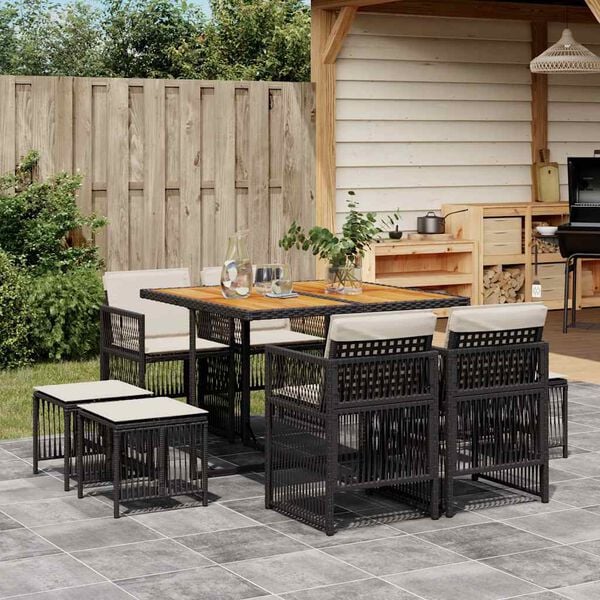 vidaXL 9-tlg. Garten-Essgruppe mit Kissen Schwarz Poly Rattan