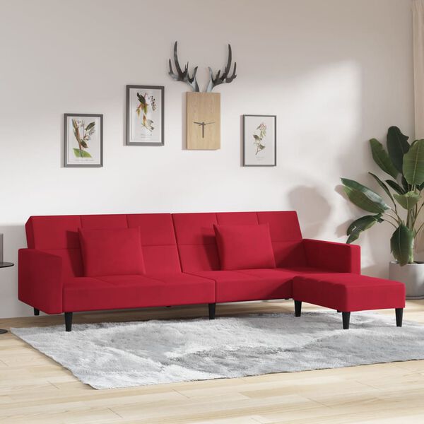 vidaXL Schlafsofa 2-Sitzer mit 2 Kissen & Hocker Weinrot Samt