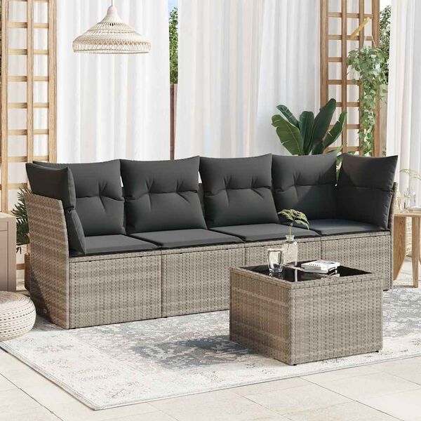 vidaXL 5-tlg. Garten-Sofagarnitur mit Kissen Hellgrau Poly Rattan
