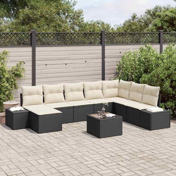 vidaXL Garten-Sofa-Set mit Kissen 8 pcs Schwarz und Creme Poly-Rattan