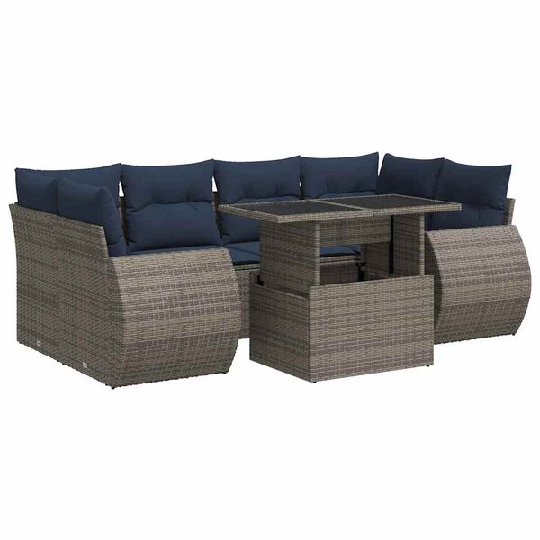 vidaXL 7-tlg. Garten-Sofagarnitur mit Kissen Grau Poly Rattan Akazie