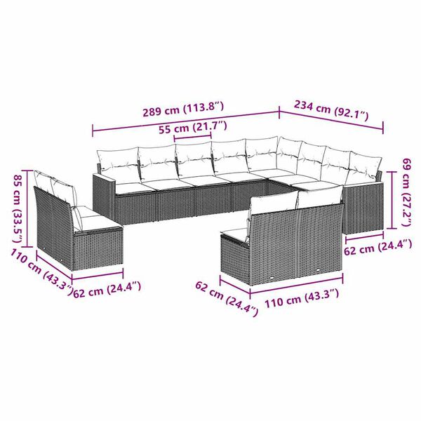 vidaXL 12-tlg. Garten-Sofagarnitur mit Kissen Schwarz Poly Rattan