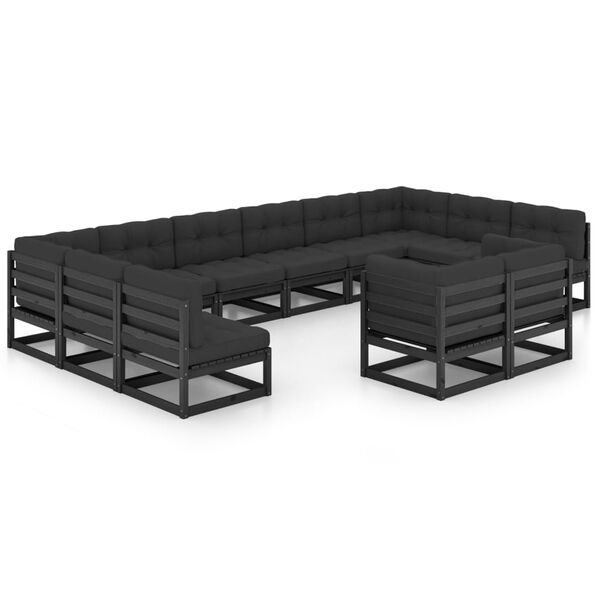 vidaXL 12-tlg. Garten-Lounge-Set mit Kissen Schwarz Massivholz Kiefer