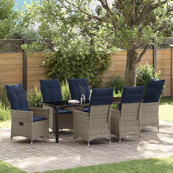 vidaXL Tisch- und Stuhlset mit Kissen 7 pcs Grau PE-Rattan