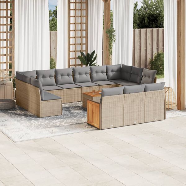 vidaXL 14-tlg. Garten-Sofagarnitur mit Kissen Beige Poly Rattan
